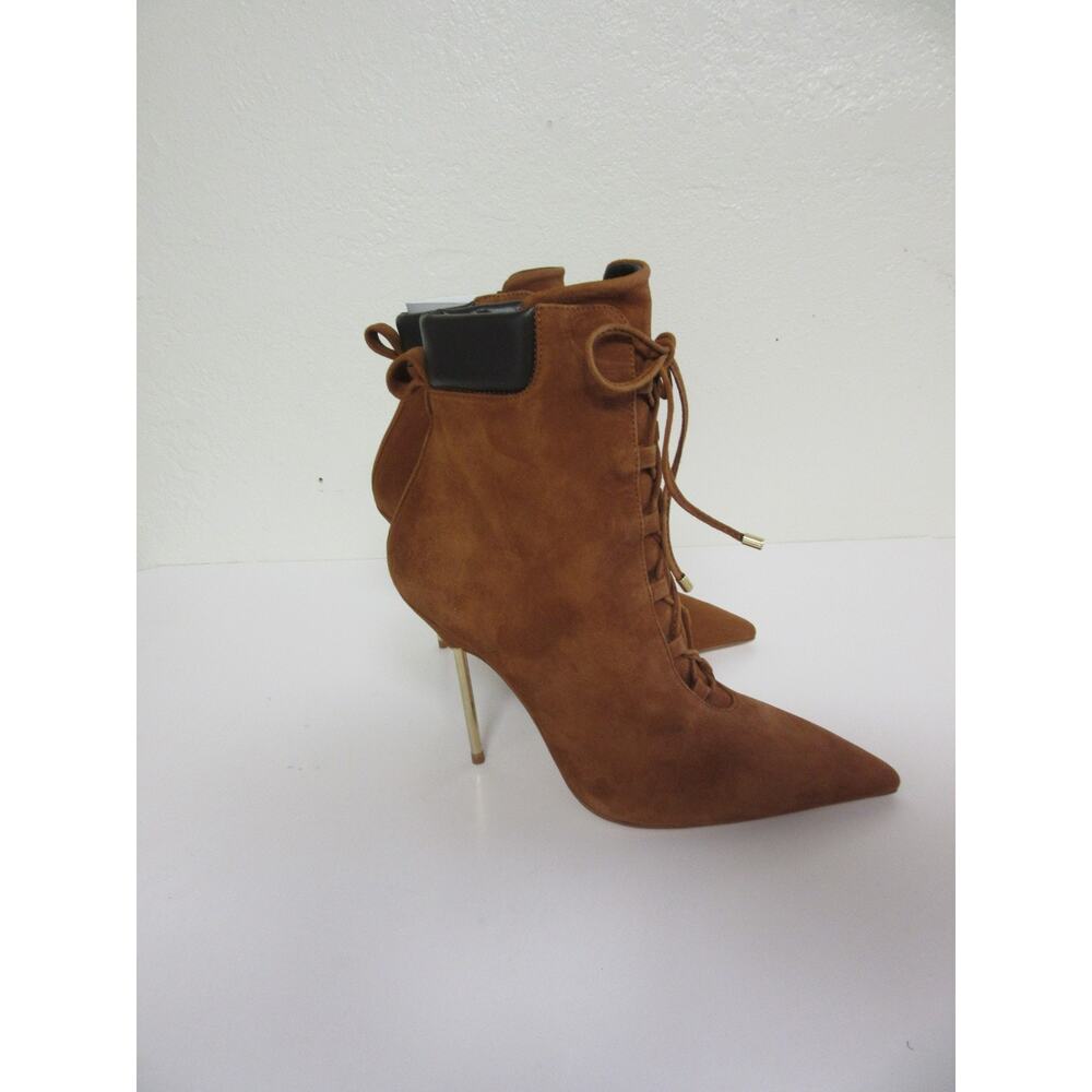 GOOD AMERICAN Suede Tobacco 7 1/2 Lace Up Pointed Toe Ultra High Heel Boots - Picture 3 of 6